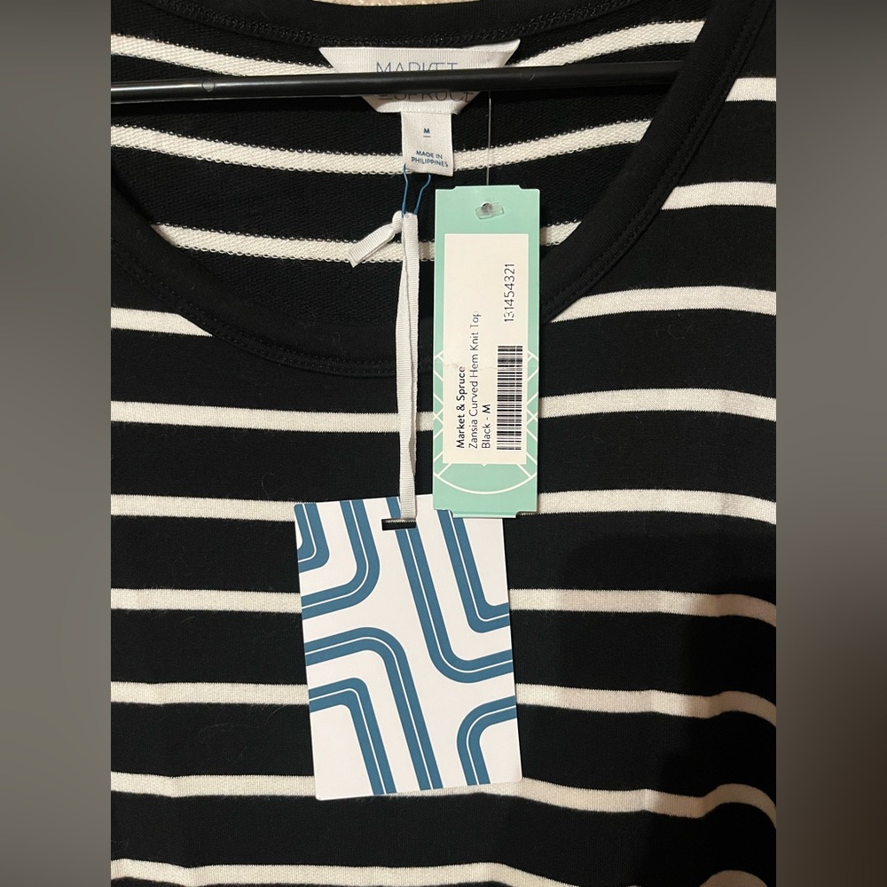 Market & Spruce Zansia Curved Hem Knit Top, Black & White Stripes/Buffalo Plaid - Picture 3 of 3